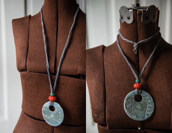 Artisan-made necklace with pottery medallions, af… - image 5