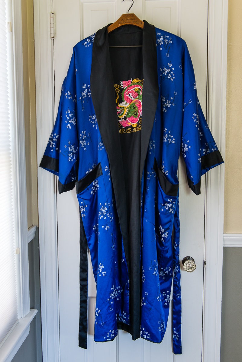 Vintage satin sky blue and black reversible Asian style robe with