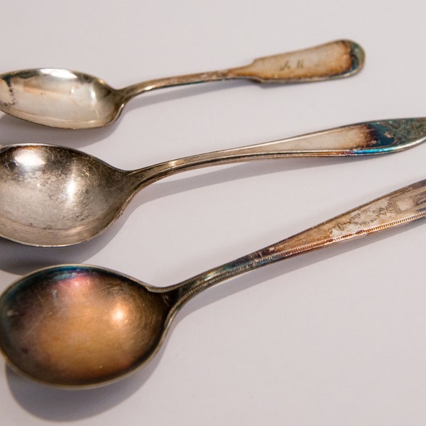 Vintage 3pc collection of silver plated spoons with monogram, upcycling crafting supplies
