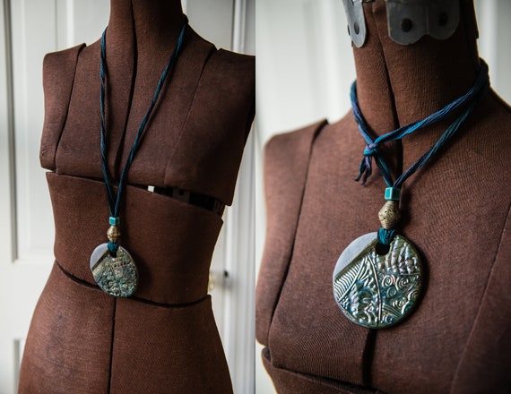 Artisan-made necklace with pottery medallions, af… - image 4