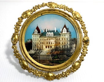 Antique reverse painting on glass of New York State Capitol Building Albany NY, souvenir painting