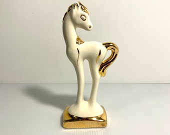 Vintage cream and gold MCM ceramic horse figurine, horse statue