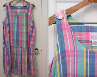 Vintage sleeveless house dress in pink and blue plaid, drop waist sundress, Size XL