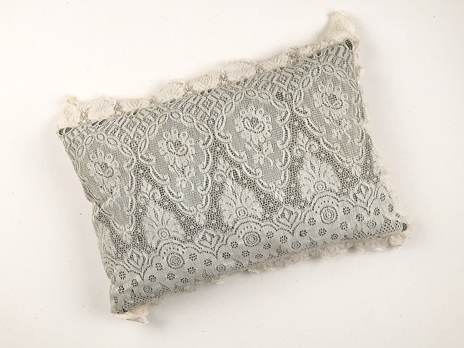 Vintage Ornate Lace Throw Pillow With Green Gingham Under Fabric