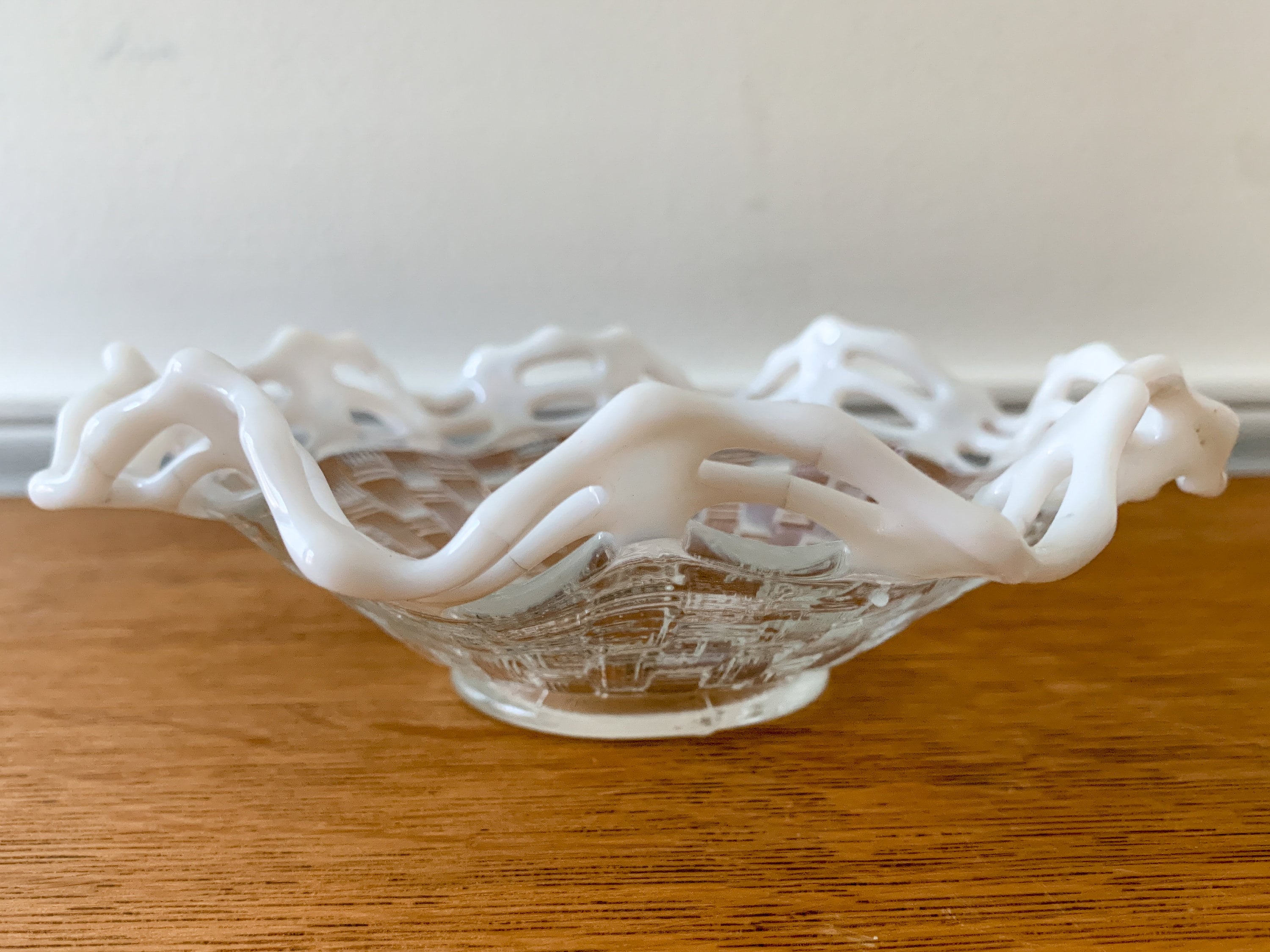 Vintage Fenton clear basket weave candy dish with white ruffled
