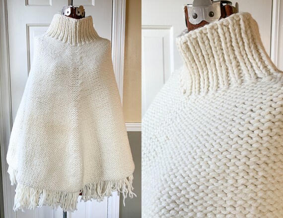 Vintage 1970s white hand knit turtleneck poncho wi