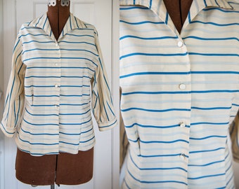 Vintage 50s blue striped cotton blouse with 3/4 sleeve Sz M