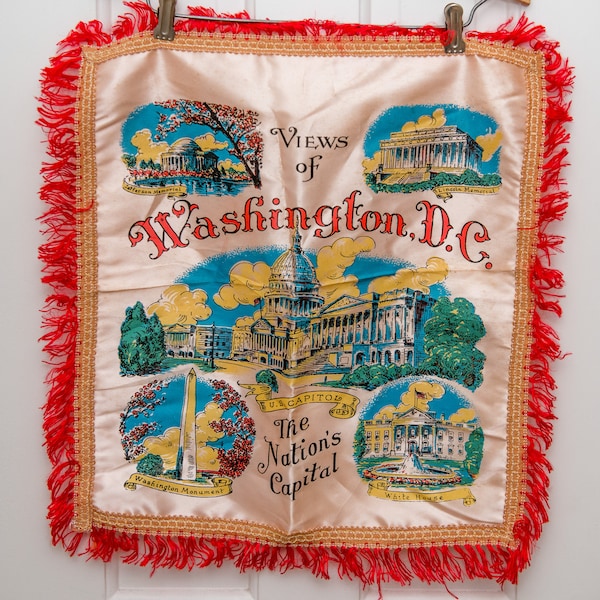 Vintage 1950s Views of Washington DC satin souvenir pillow, pillow sham, 17" x 18"