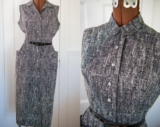 Vintage 1950s black and white sleeveless button-up dress with pockets, Size XS/S