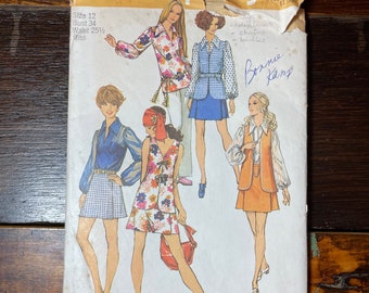 Vintage 1970s Simplicity sewing pattern 8694 for misses mini-pantskirt, blouse and vest, mod 2pc set, Size 12