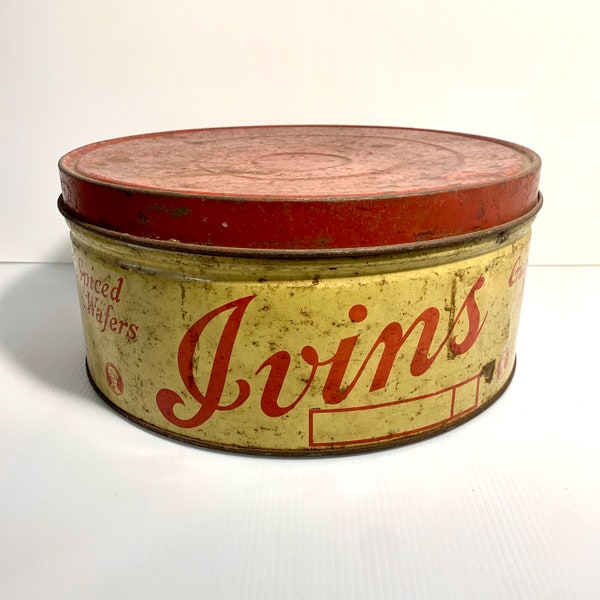 Vintage 20s/30s Yellow and Red Ivins Cracker Tin, Biscuit Tin, advertising tin