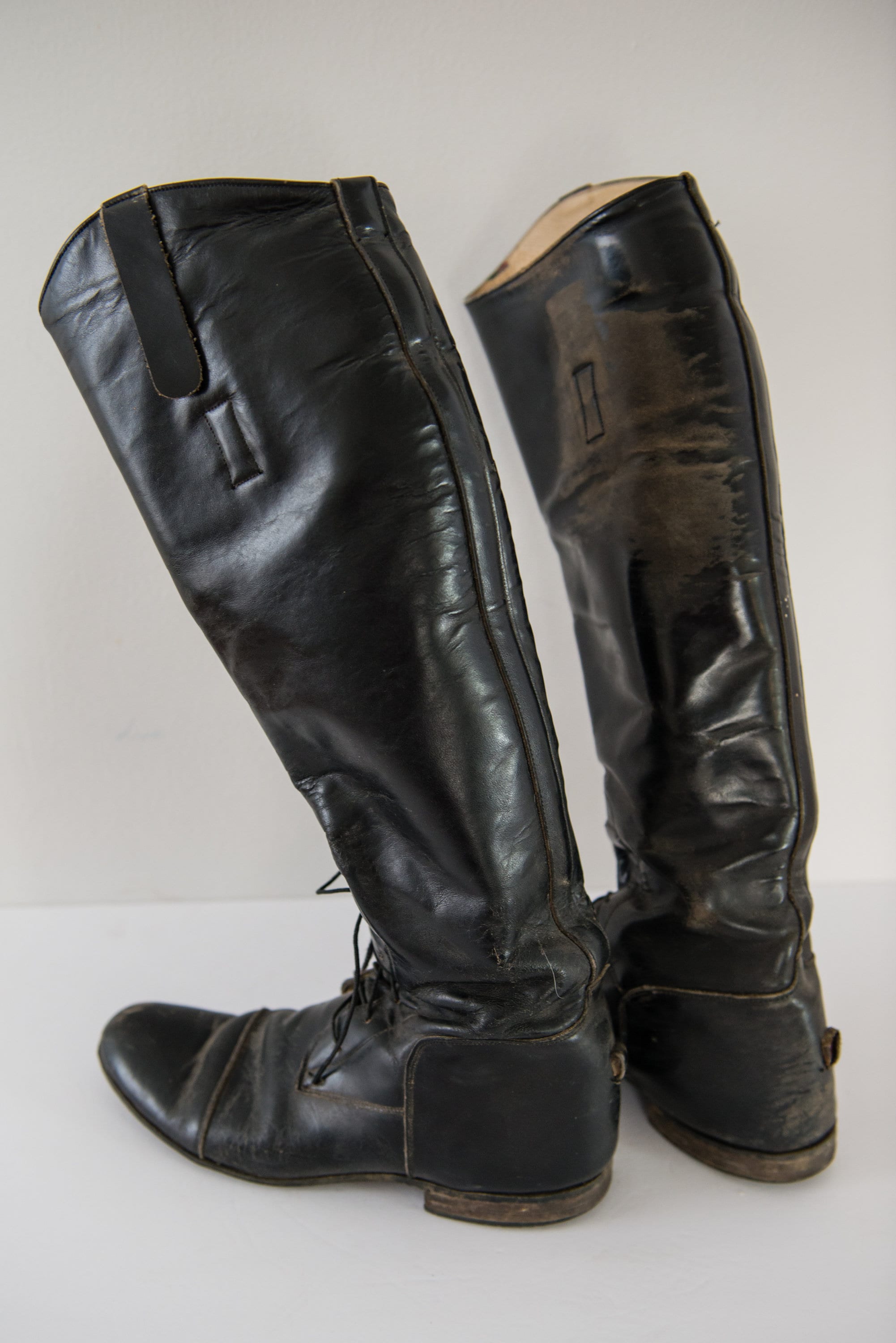 Vintage black leather equestrian riding boots, wellloved & brokenin, Grand Prix, Service