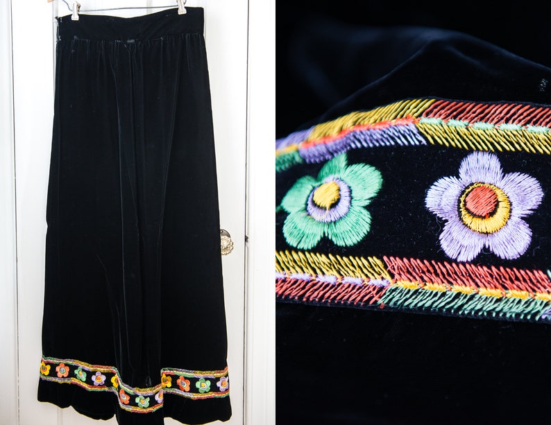 Vintage 1970s black velvet maxi skirt with colorful embroidery Size M