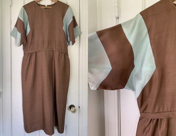 Vintage 50s 60s brown and baby blue color block dr