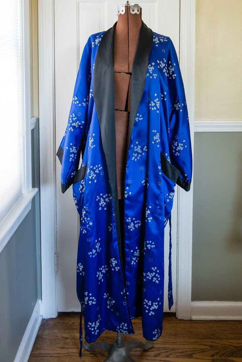 Vintage satin sky blue and black reversible Asian style robe with