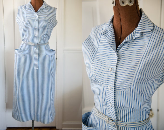 Vintage 1950s blue striped sleeveless button-up dress with pockets, Westbury Fashion, Size XS/S
