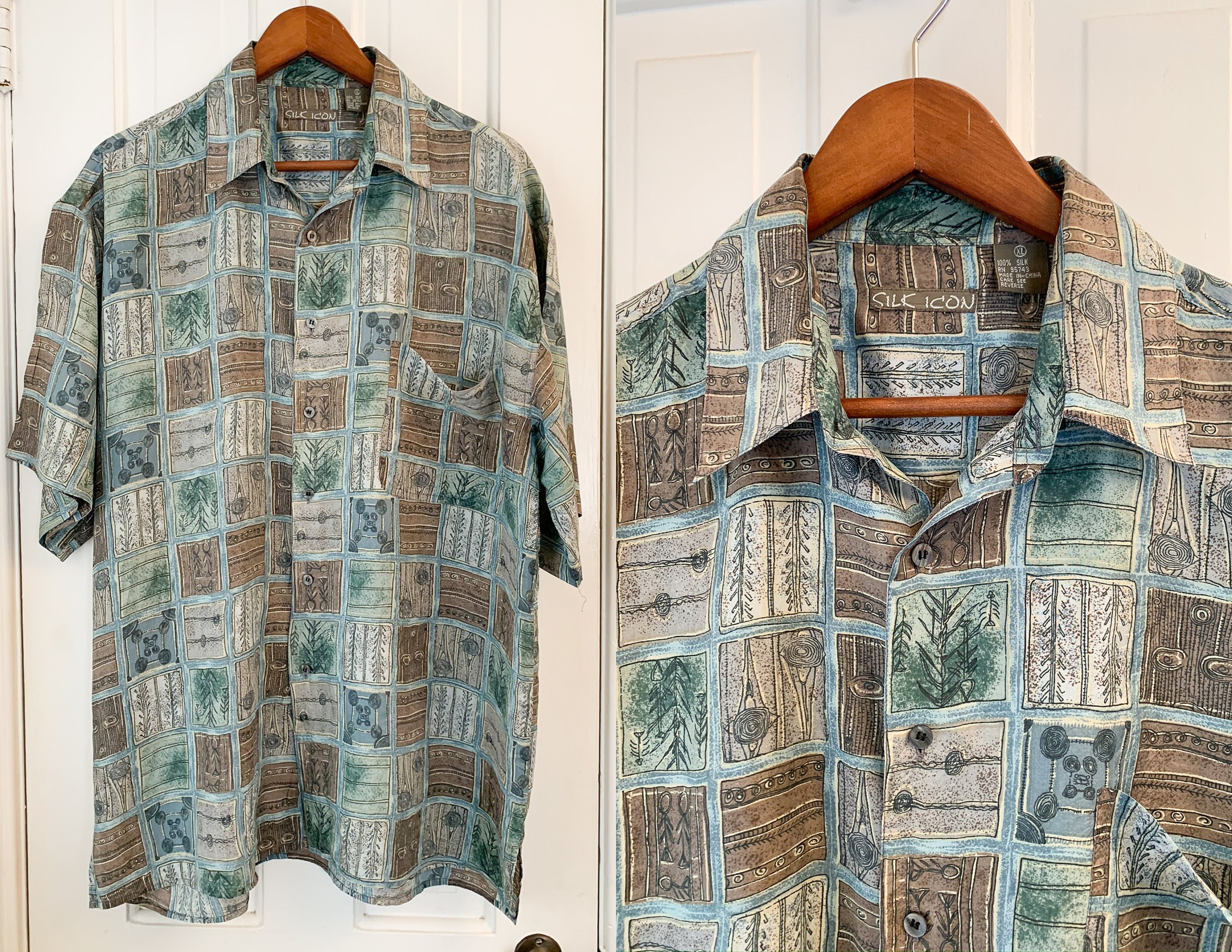 Vintage silk men's short sleeve button down shirt in muted tones and ...