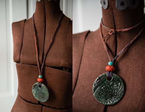 Artisan-made necklace with pottery medallions, af… - image 3