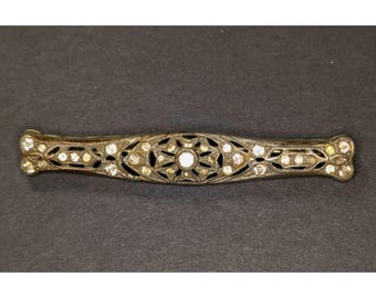 Vintage Art Deco Silver Tone Rhinestone Bar Pin Filigree Openwork Brooch