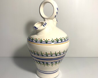 Vintage hand painted pottery wine carafe, handmade vessel