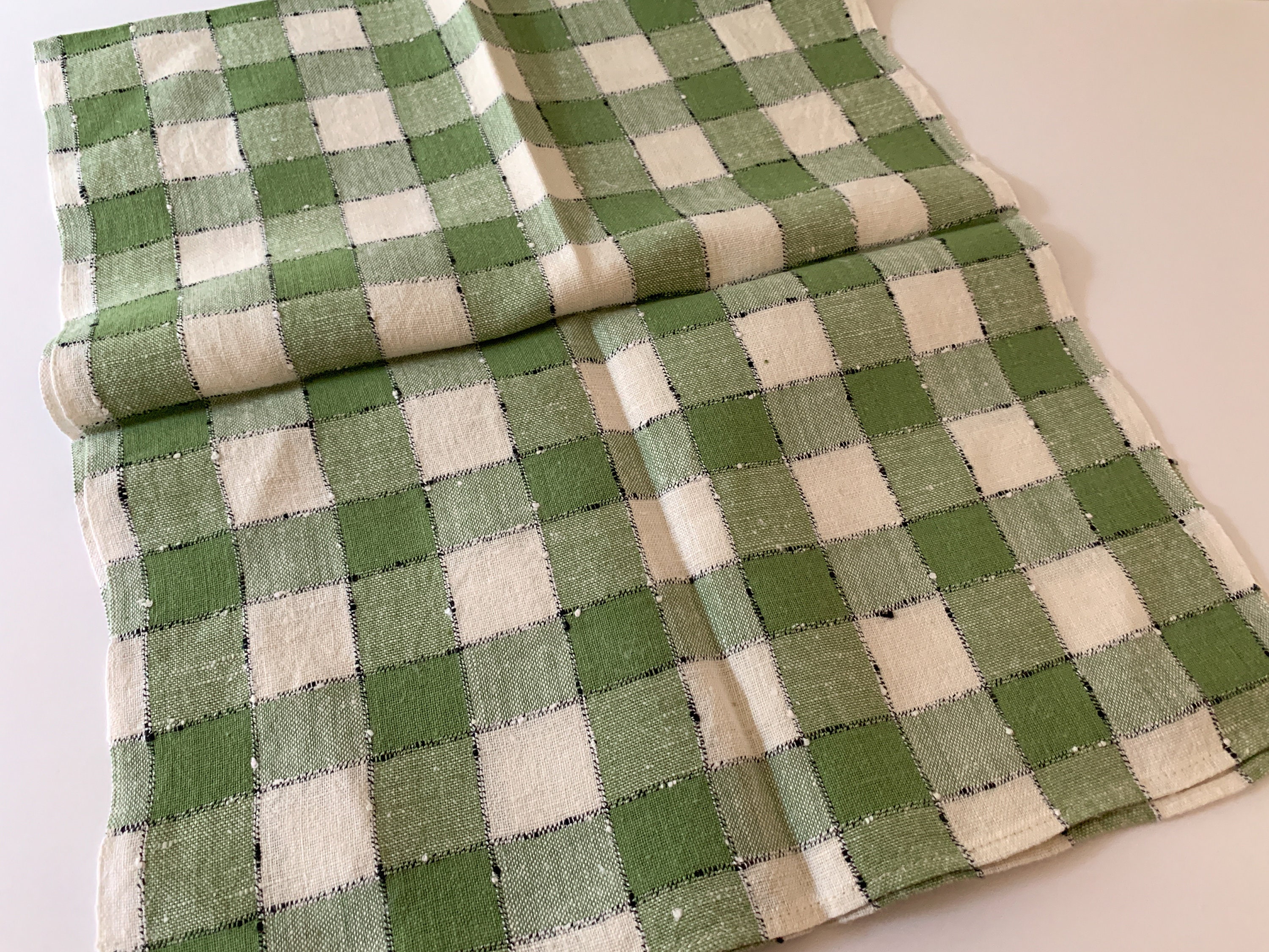 Vintage green and white check linen dish towel, kitchen towel or tea towel