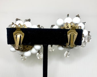 Boucles D'oreilles Clips Vintage Perle Blanche Et Cristaux - Anciennes, état Impeccable