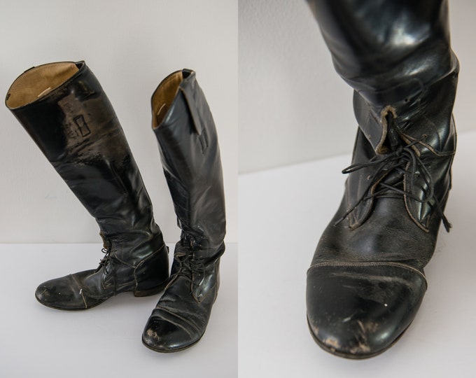 Vintage black leather equestrian riding boots, well-loved & broken-in, Grand Prix, Service Riding Apparel, Sz 7.5