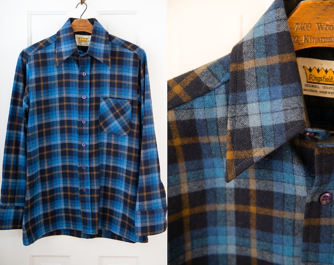 Vintage men's long sleeve wool blue plaid button down shirt, Kingsfield, Size S