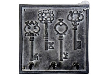 Vintage Cast Iron 7x7 Wall Plaque Key Hooks Embossed Keys