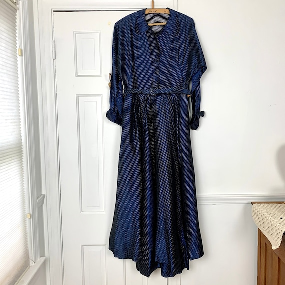 Vintage 40s navy blue floor-length dress with met… - image 1