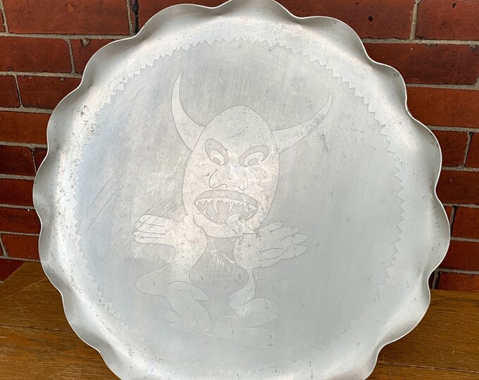 Vintage Halloween aluminum tray with devil image and ruffle edge