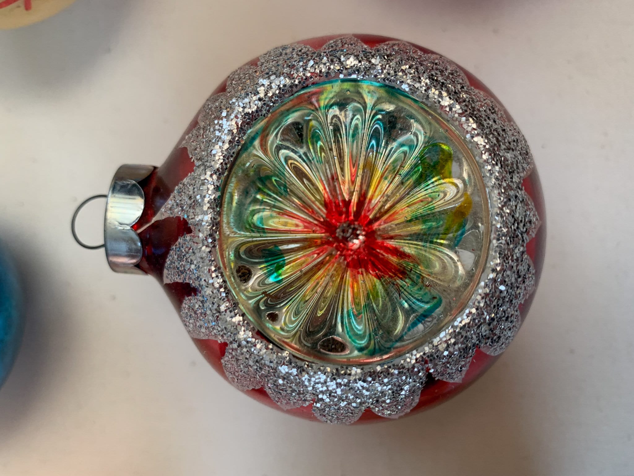 Vintage 1950s collection of 7 glass Christmas bulbs, mid century glass ornaments, made in the USA
