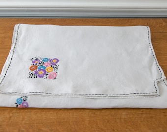 Vintage embroidered dresser scarf or table runner with mod floral design