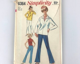 Vintage 1960s sailor blouse and bell bottom pants sewing pattern, Simplicity Pattern 6364, Size 12 Bust 32