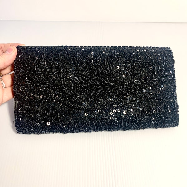 Vintage 70s/80s black beaded & sequined evening clutch or evening bag, made in Hong Kong
