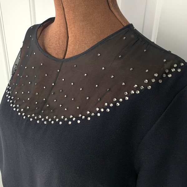 Vintage 1960s black dress with mesh and rhinestones bodice, black cocktail dress, Size M