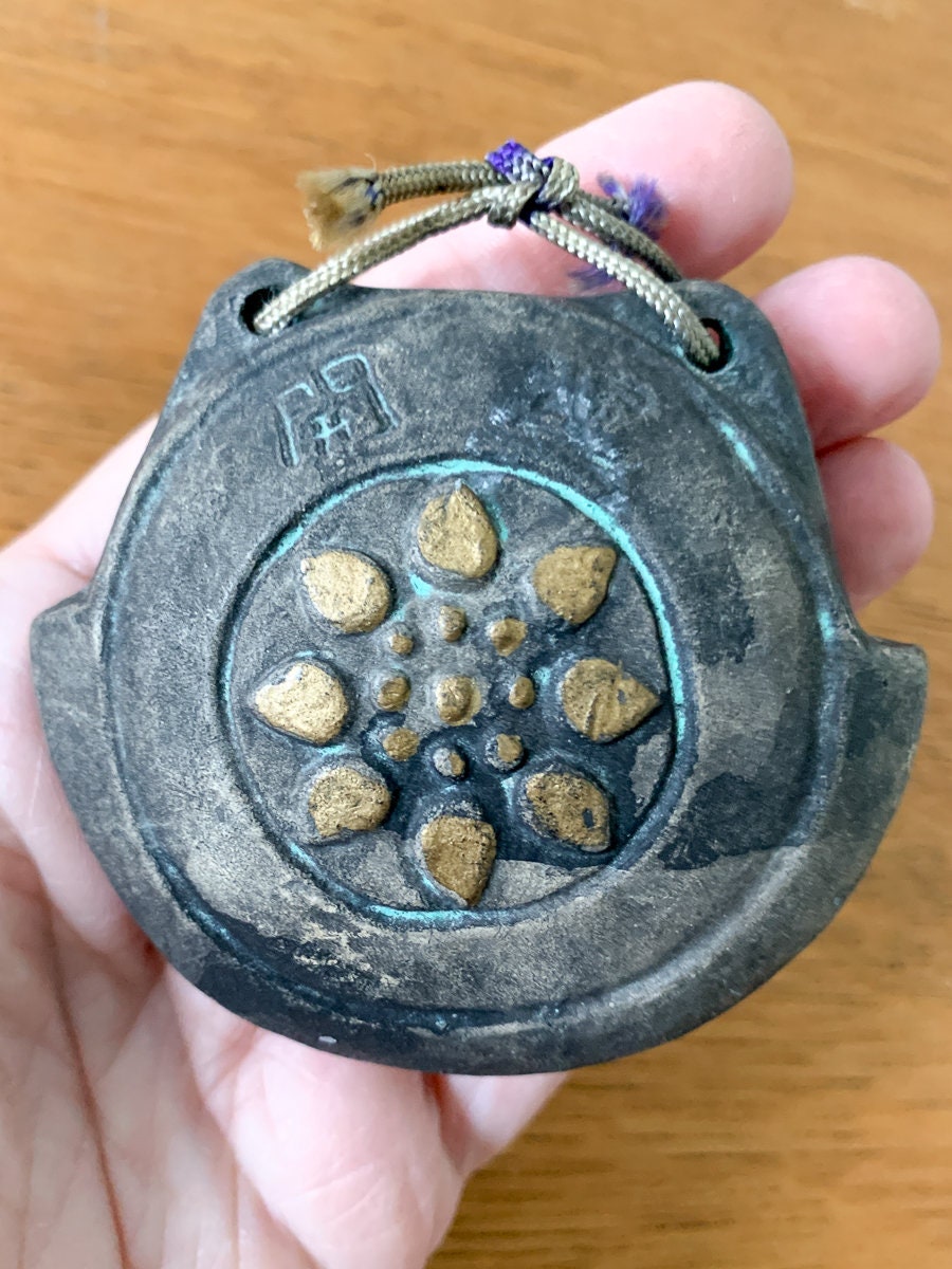 Vintage Japanese ceramic bell signed by artist, travel souvenir, lucky