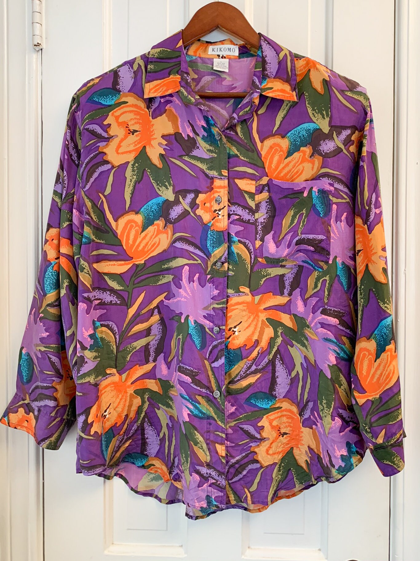 Vintage 80s women's silk long sleeve button down blouse in bold purple ...