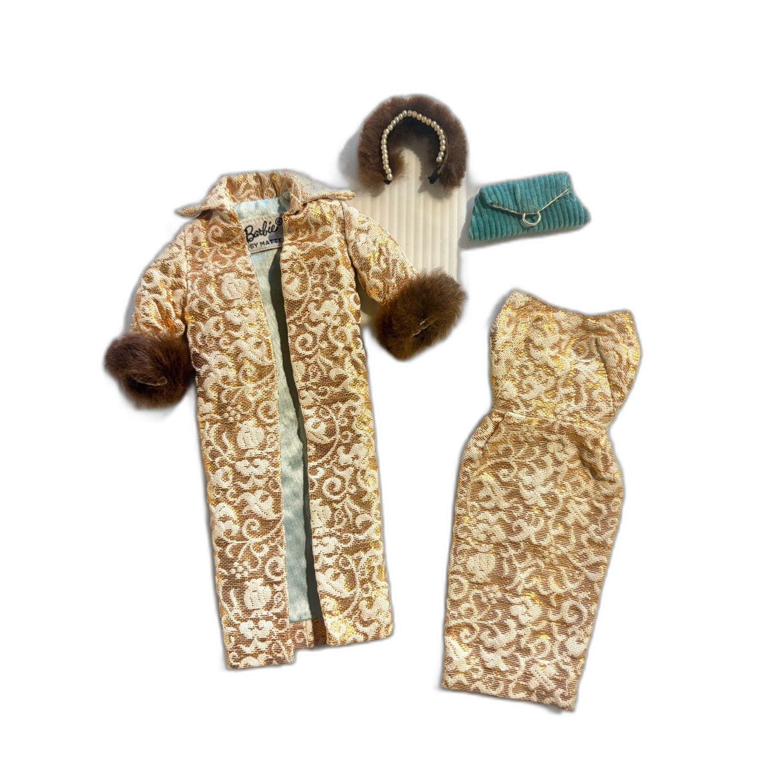Vintage 1960 Barbie Evening Splendor #961 Gold Brocade Coat, Sheath Dress & Accessories