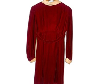 Vintage 1960s Red Velvet Empire Waist Dress Ivory Satin Collar & Cuffs Mod XS/S