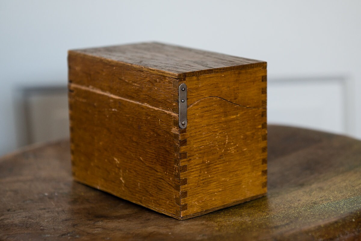 Vintage wooden recipe box with original label