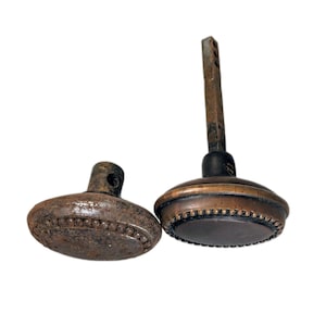 Antique Late 1800s Metal Door Knobs Pair Embossed Beaded Geometric Design