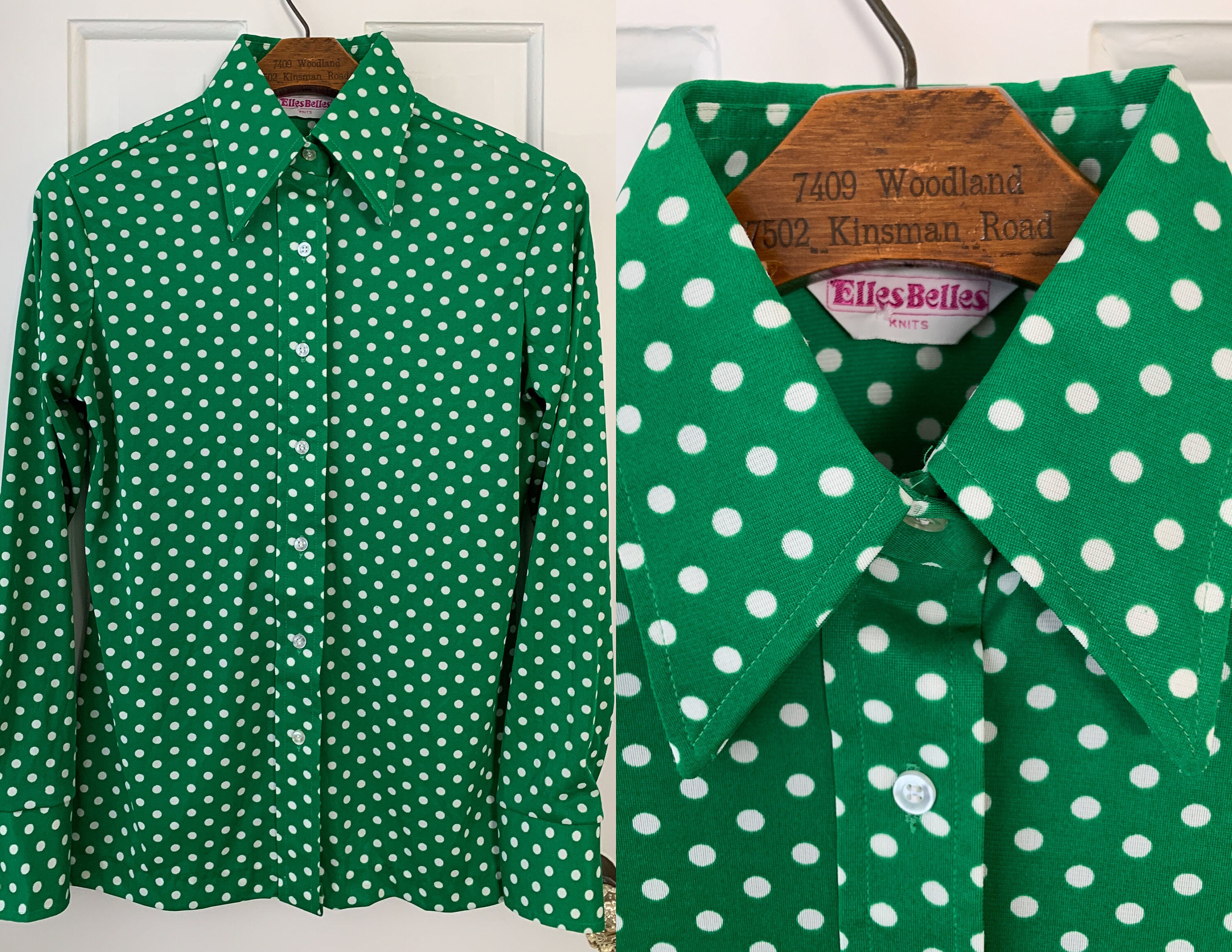 Vintage 1970s green polka dot polyester button down blouse with long sleeves, Size M