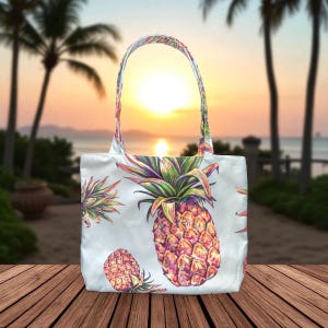 Può includere: Borsa tote bianca con un vivace motivo ad ananas. La borsa ha un manico abbinato ed è ambientata su uno sfondo di tramonto tropicale. La borsa è realizzata in un tessuto di colore chiaro.