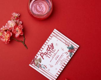 赤い水彩画のクリスマスパーティー招待状、編集可能なCanvaテンプレート（デジタルダウンロード）