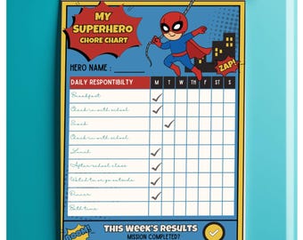 スーパーヒーローの家事表、子供向けタスクオーガナイザー（Canvaテンプレート）、子供向けアクティビティトラッカー