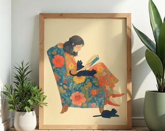 Quadro decorativo com gato em poltrona floral, decoração aconchegante para casa (download digital)