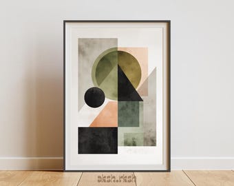 ミッドセンチュリーモダン抽象ウォールアートプリント、幾何学ミニマリストアートプリント、ニュートラルコンテンポラリーインテリア、デジタルダウンロード
