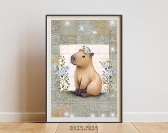 かわいいカピバラのウォールアート（印刷可能）、赤ちゃん動物の水彩画、花柄のカピバラアート、保育園の子供部屋の装飾、パステルカラーの動物アート