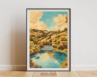 秋の川の風景ウォールアートプリント、黄金色の田園風景、温かみのある黄色のリビングルームの装飾、印刷可能なデジタルダウンロード